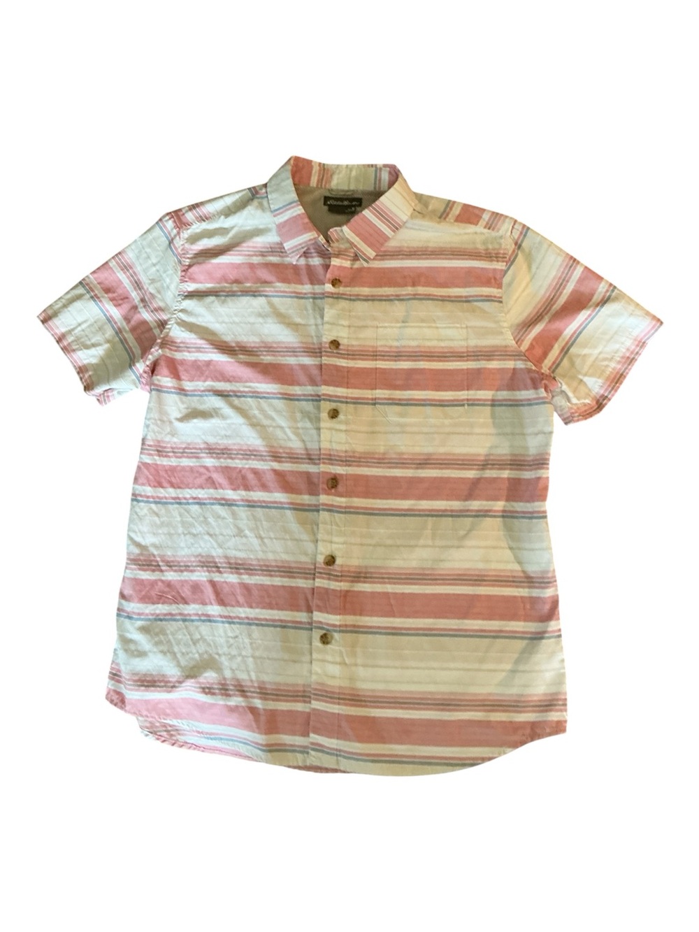 Eddie Bauer Short-Sleeve Button-Down Shirt in Pink and White Stripes
